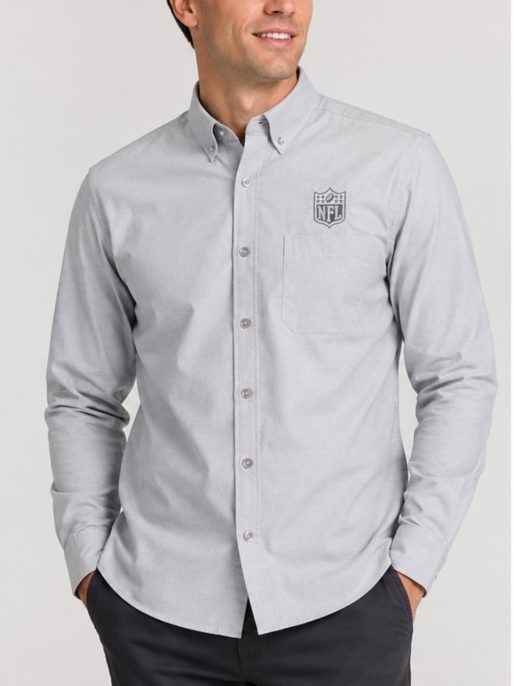 Antigua NFL Shield NWT Men's LS Button Down Shirt Grey Oxford Woven Dress Sz S